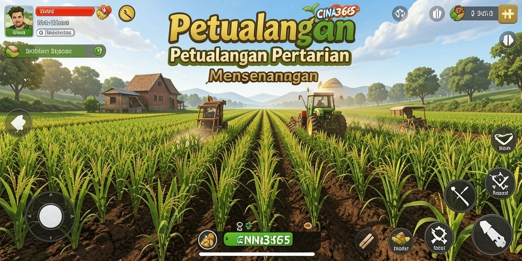 Tampilan gameplay CINA365 menampilkan ladang yang subur dan hewan ternak.