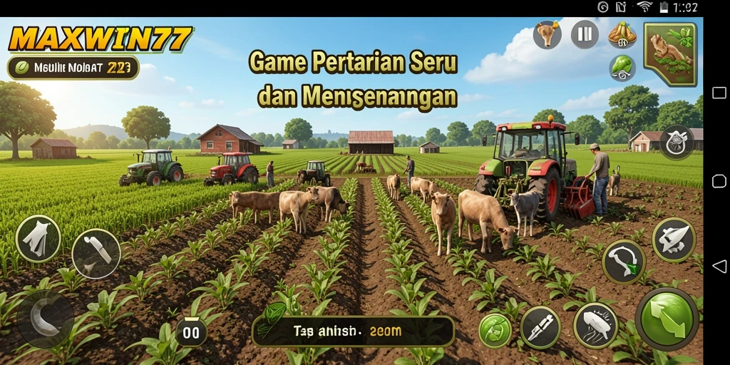 Tangkapan layar gameplay MAXWIN77 dengan aktivitas bertani yang seru.