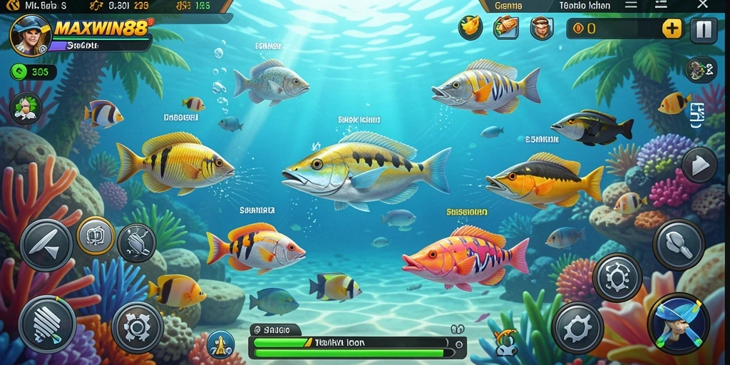 Screenshot gameplay MAXWIN88 menampilkan aksi menembak ikan yang seru.