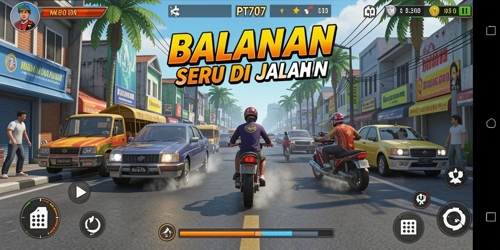 Tampilan gameplay PT707 saat balapan di jalanan kota.