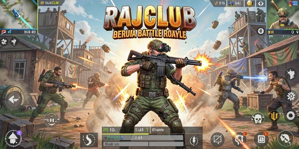 Tampilan gameplay RAJACLUB yang penuh aksi dalam pertempuran Battle Royale.