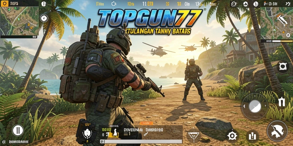 Screenshot gameplay TOPGUN77 menampilkan eksplorasi dunia terbuka yang luas.